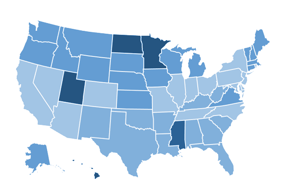 US map showing shades of blue for categories