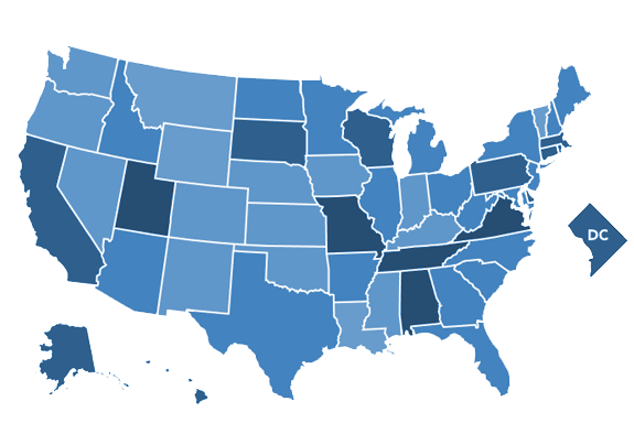 US map showing shades of blue for categories